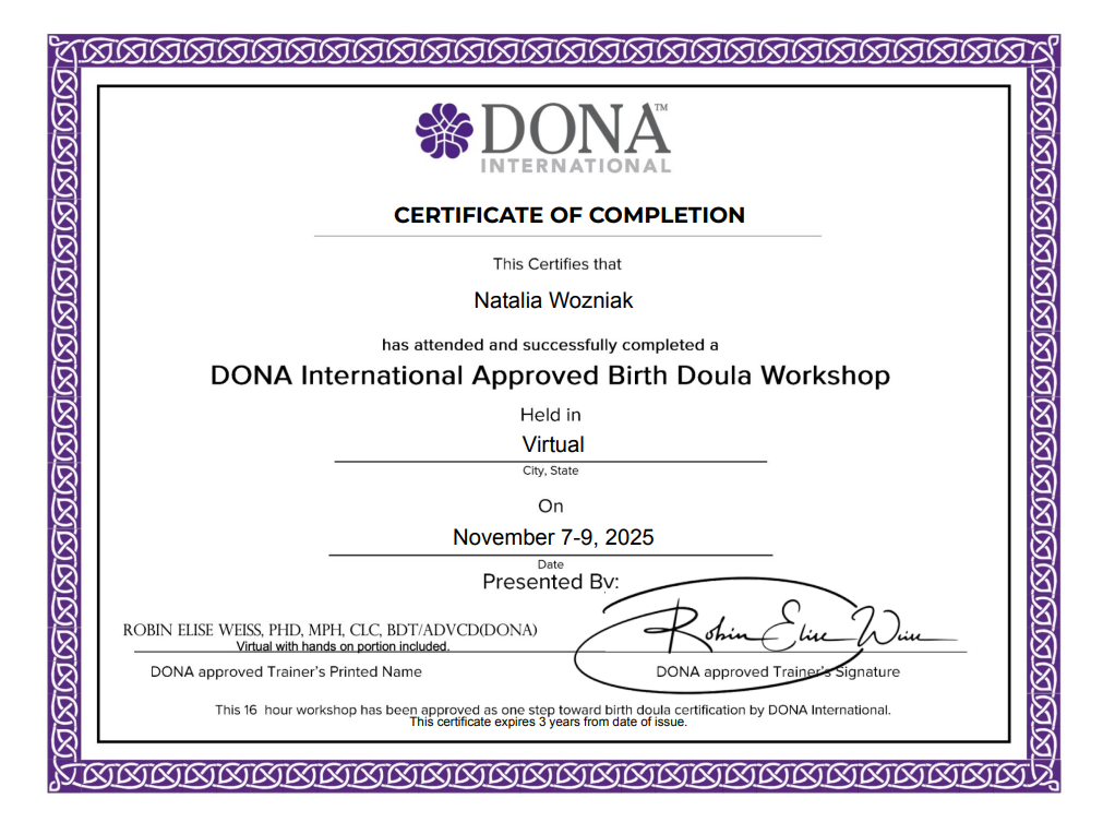 certificate for natalia wozniak for birth doula certificate 1