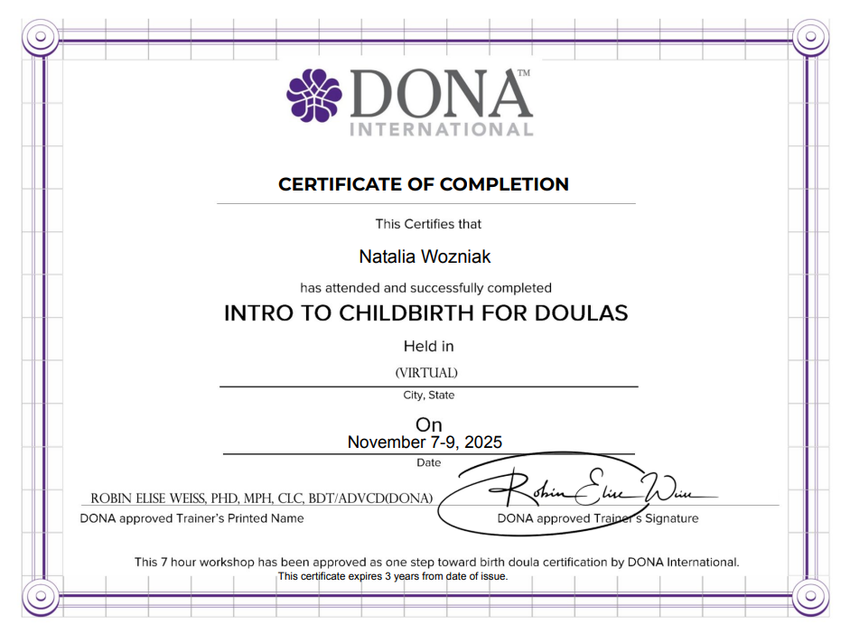 certificate for natalia wozniak for birth doula certificate 2